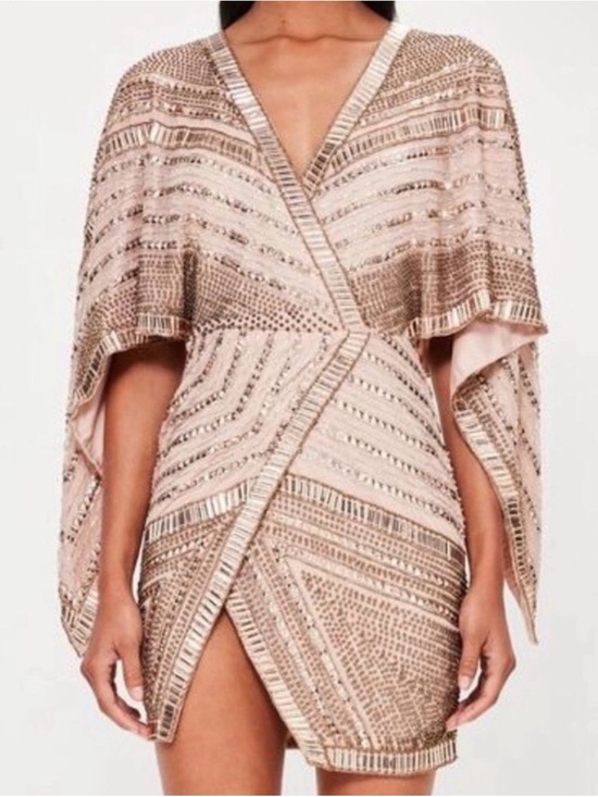 Missguided Dresses & Skirts - Missguided Embellished Kimono Gold Sequin Cape Sleeve Mini Dress